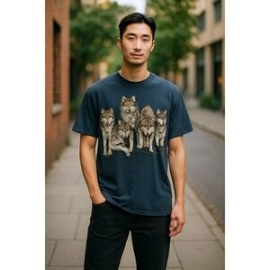 Vintage 90s Wolf Pack T-Shirt Fruit of the‎ Loom Heavy Cotton Size M USA Fabric